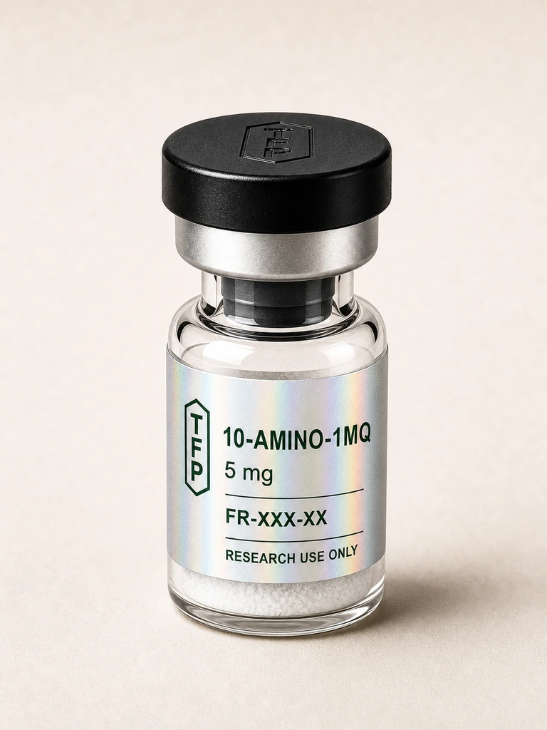 10-amino-1mq, 5 mg en fiole 3 ml The French Peptides avec etiquette holographique argent, lot FR-XXX-XX