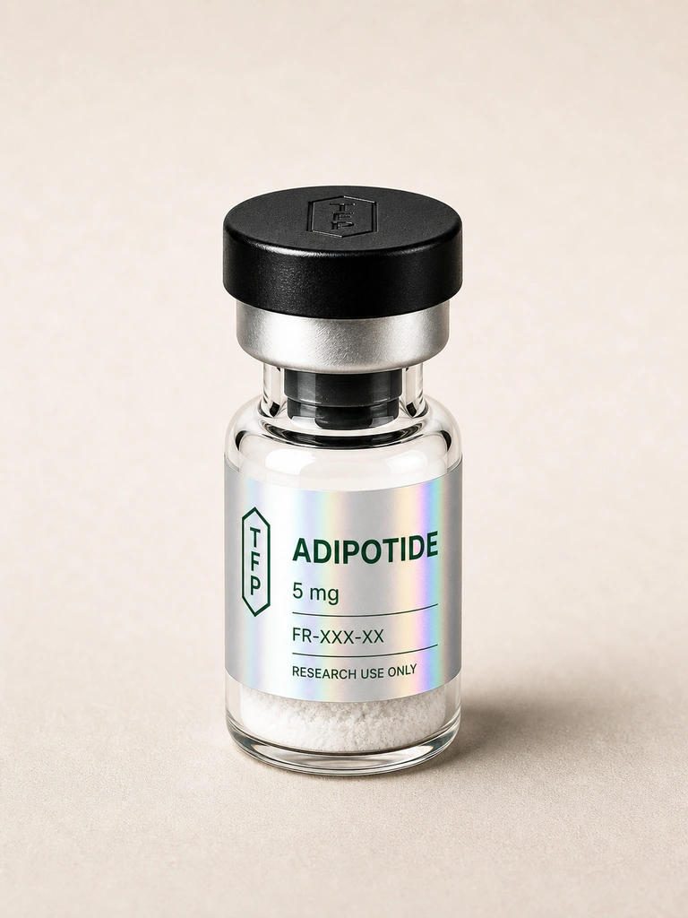 Adipotide, 5 mg en fiole 3 ml The French Peptides avec etiquette holographique argent, lot FR-XXX-XX