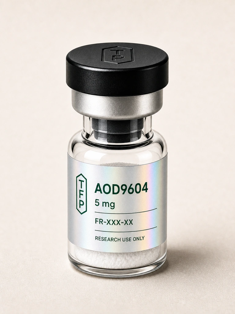 AOD9604, 5 mg en fiole 3 ml The French Peptides avec etiquette holographique argent, lot FR-XXX-XX
