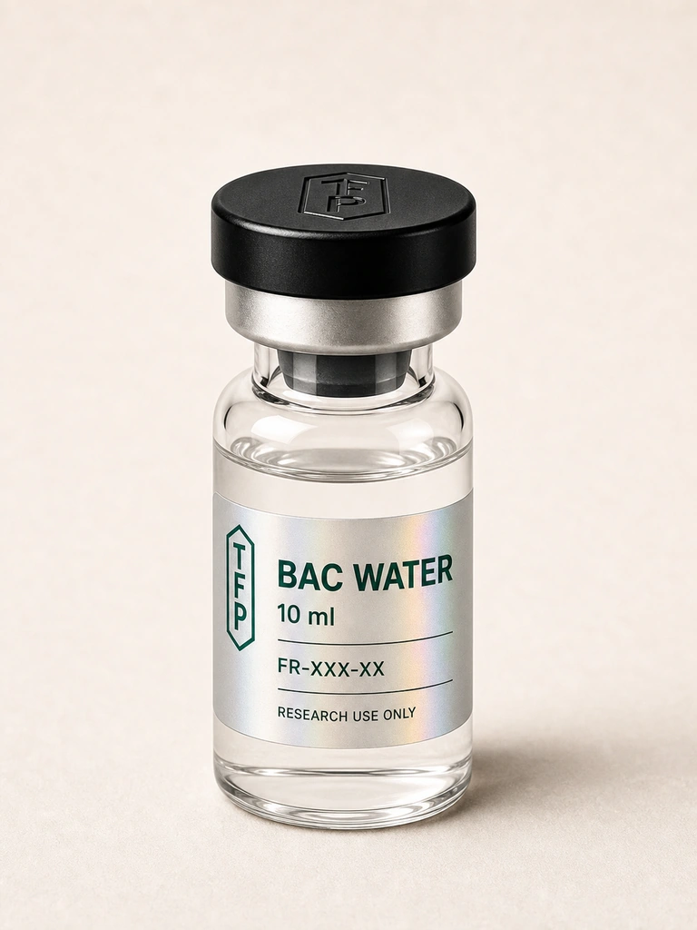 Bacteriostatic Water, 10 ml en fiole 3 ml The French Peptides avec etiquette holographique argent, lot FR-XXX-XX
