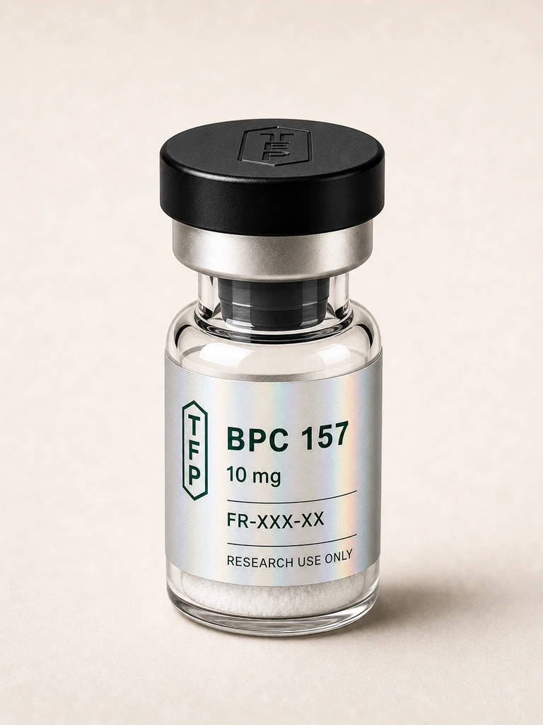 BPC-157, 10 mg en fiole 3 ml The French Peptides avec etiquette holographique argent, lot FR-XXX-XX