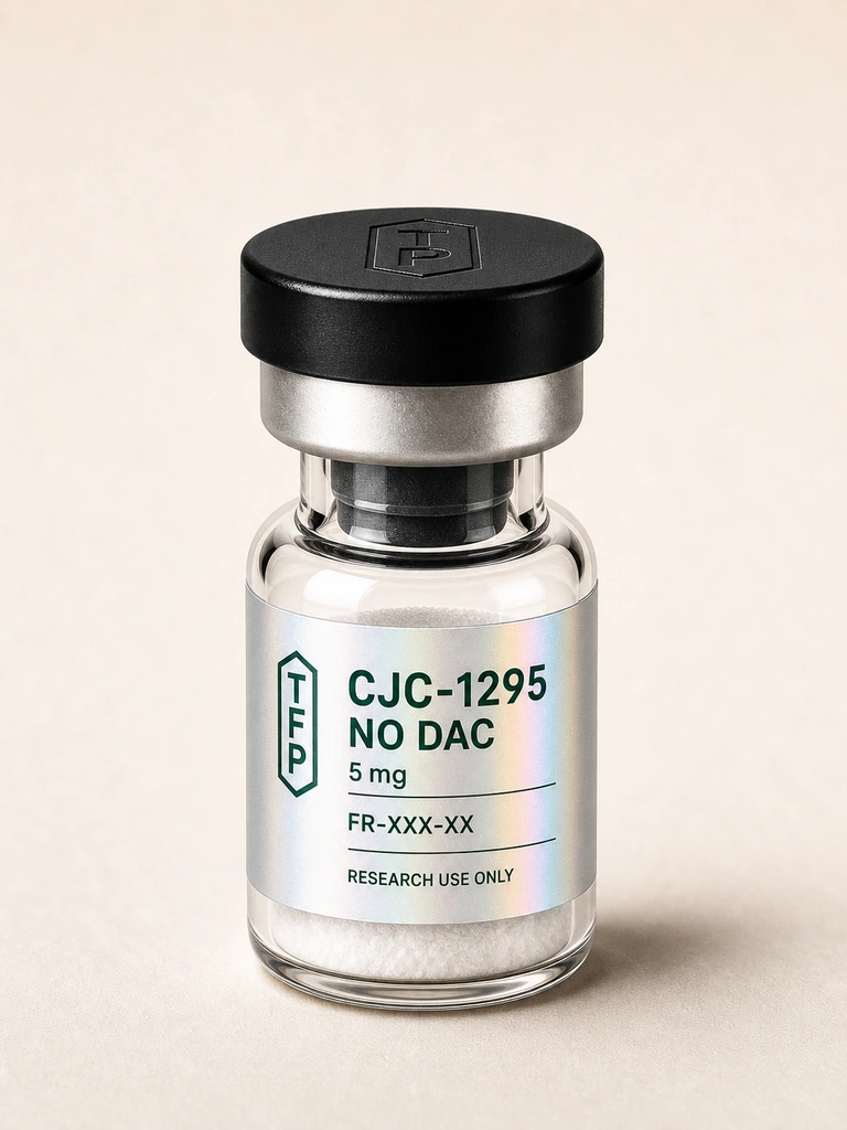 CJC-1295 Without DAC, 5 mg en fiole 3 ml The French Peptides avec etiquette holographique argent, lot FR-XXX-XX