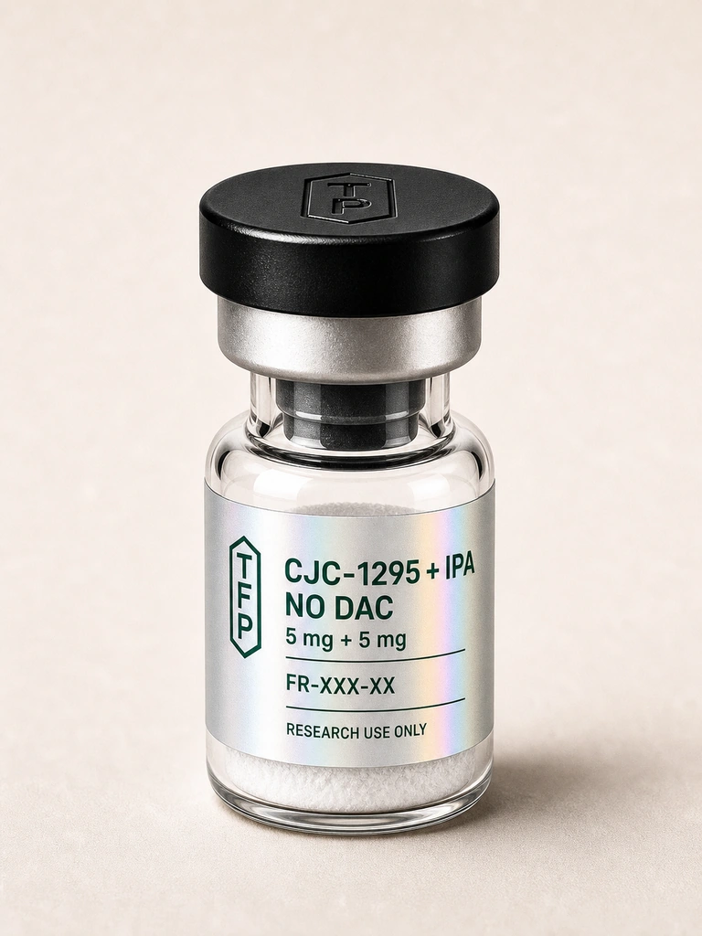 CJC-1295 Without DAC 5mg + IPA 5mg, 5 mg + 5 mg en fiole 3 ml The French Peptides avec etiquette holographique argent, lot FR-XXX-XX