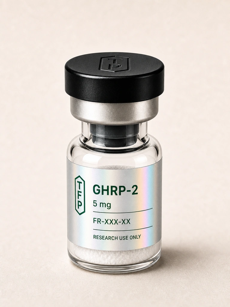 GHRP-2 Acetate, 5 mg en fiole 3 ml The French Peptides avec etiquette holographique argent, lot FR-XXX-XX