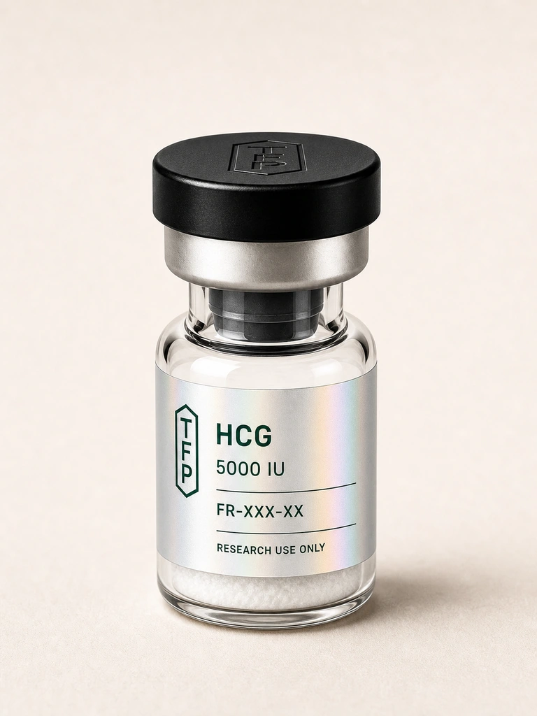HCG, 5000 IU en fiole 3 ml The French Peptides avec etiquette holographique argent, lot FR-XXX-XX