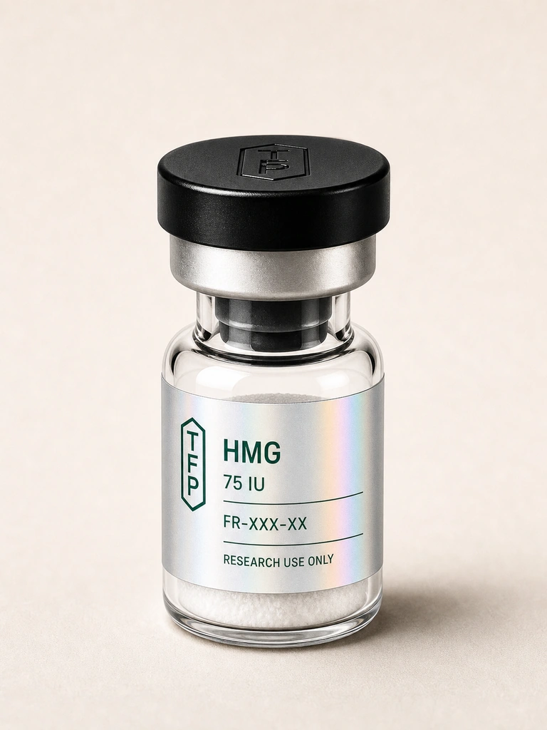 HMG, 75 IU en fiole 3 ml The French Peptides avec etiquette holographique argent, lot FR-XXX-XX