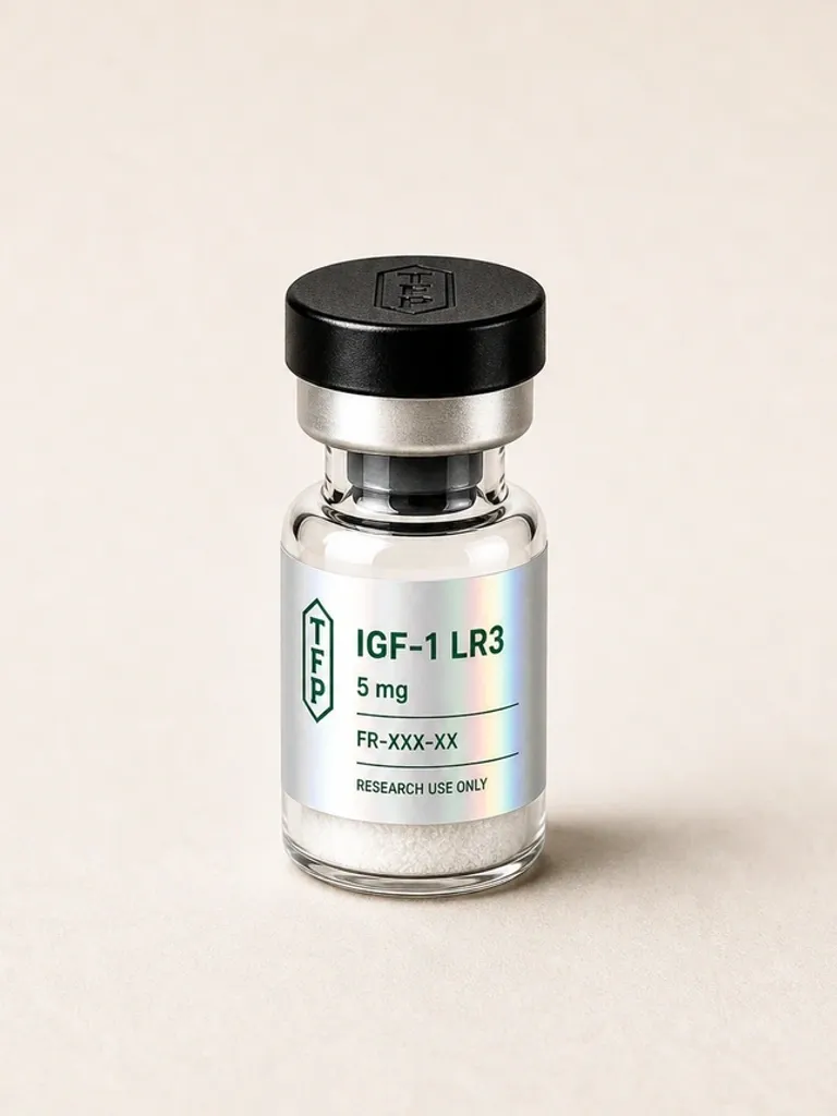 IGF-1 LR3, 5 mg en fiole 3 ml The French Peptides avec etiquette holographique argent, lot FR-XXX-XX