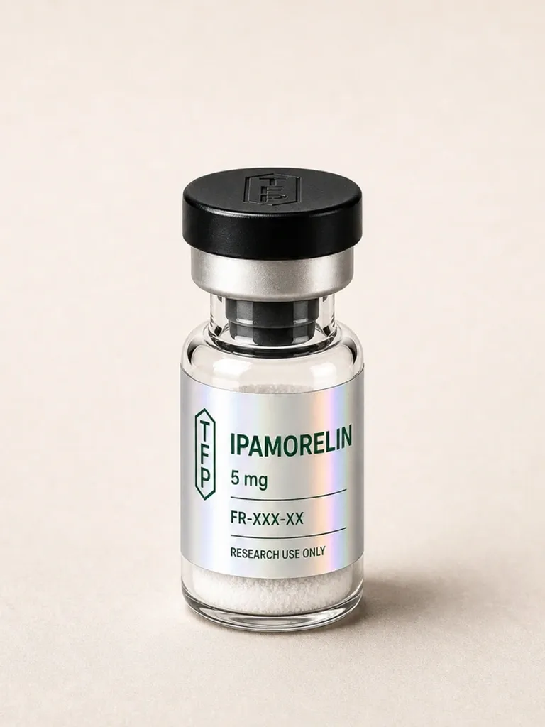 Ipamorelin, 5 mg en fiole 3 ml The French Peptides avec etiquette holographique argent, lot FR-XXX-XX
