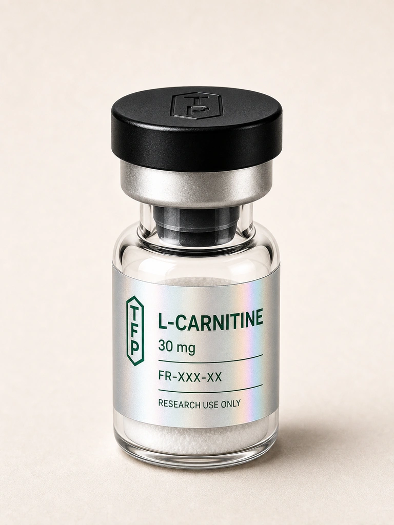 L-carnitine, 30 mg en fiole 3 ml The French Peptides avec etiquette holographique argent, lot FR-XXX-XX