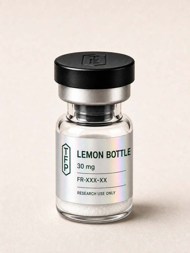 Lemon Bottle, 30 mg en fiole 3 ml The French Peptides avec etiquette holographique argent, lot FR-XXX-XX