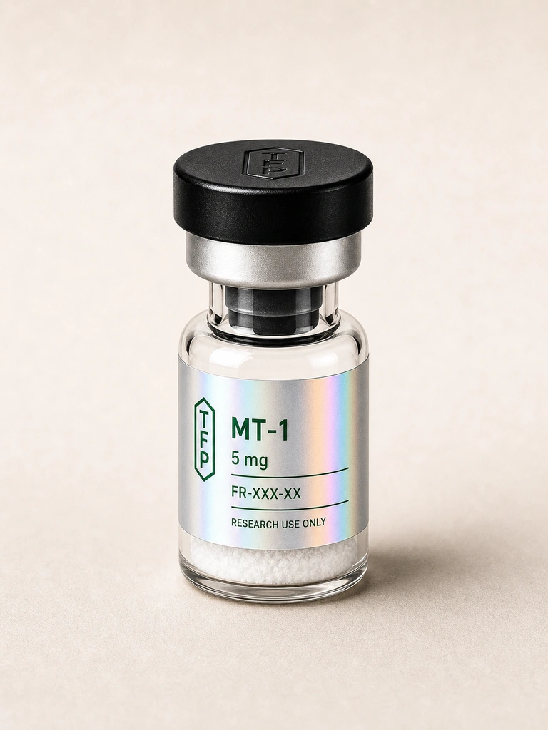MT-1, 5 mg en fiole 3 ml The French Peptides avec etiquette holographique argent, lot FR-XXX-XX
