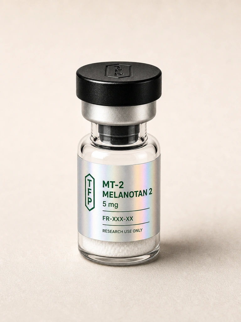 MT-2 Melanotan 2 Acetate, 5 mg en fiole 3 ml The French Peptides avec etiquette holographique argent, lot FR-XXX-XX