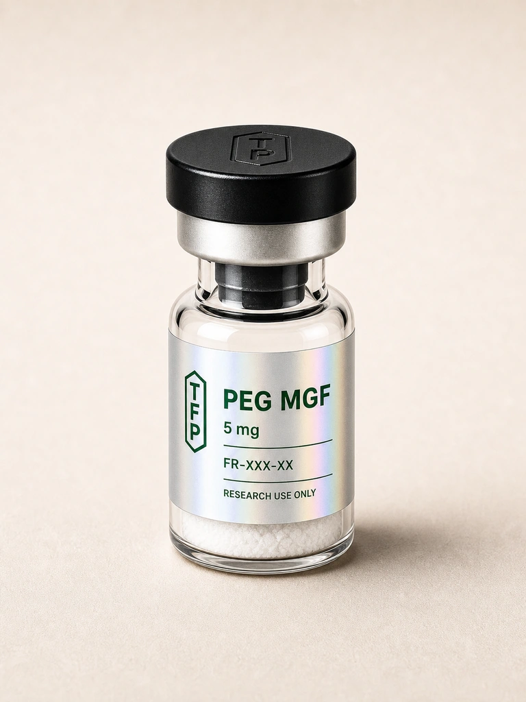 PEG MGF, 5 mg en fiole 3 ml The French Peptides avec etiquette holographique argent, lot FR-XXX-XX