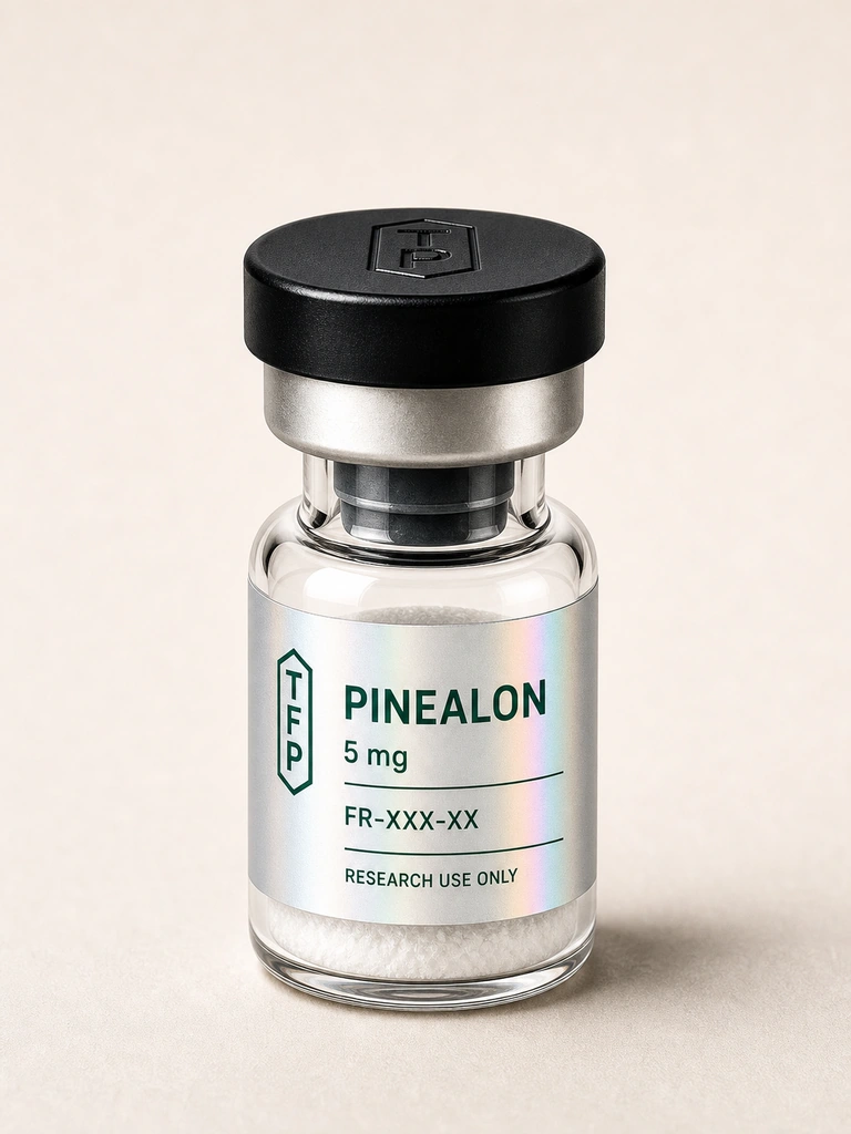Pinealon, 5 mg en fiole 3 ml The French Peptides avec etiquette holographique argent, lot FR-XXX-XX