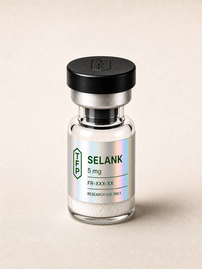 Selank, 5 mg en fiole 3 ml The French Peptides avec etiquette holographique argent, lot FR-XXX-XX