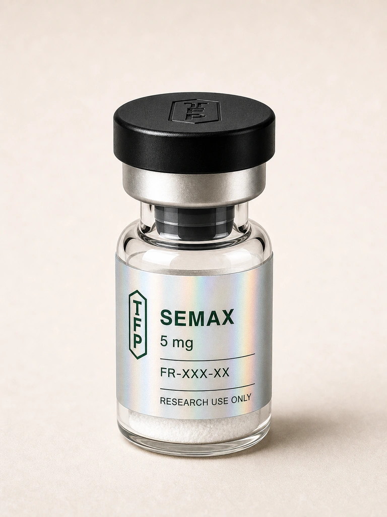 Semax, 5 mg en fiole 3 ml The French Peptides avec etiquette holographique argent, lot FR-XXX-XX