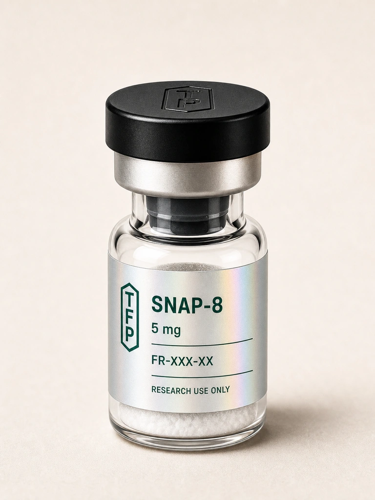 Snap-8, 5 mg en fiole 3 ml The French Peptides avec etiquette holographique argent, lot FR-XXX-XX