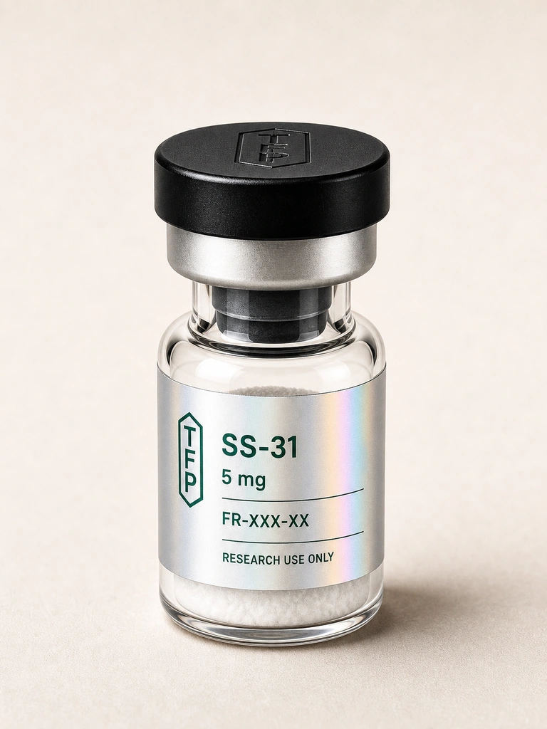 SS-31, 5 mg en fiole 3 ml The French Peptides avec etiquette holographique argent, lot FR-XXX-XX