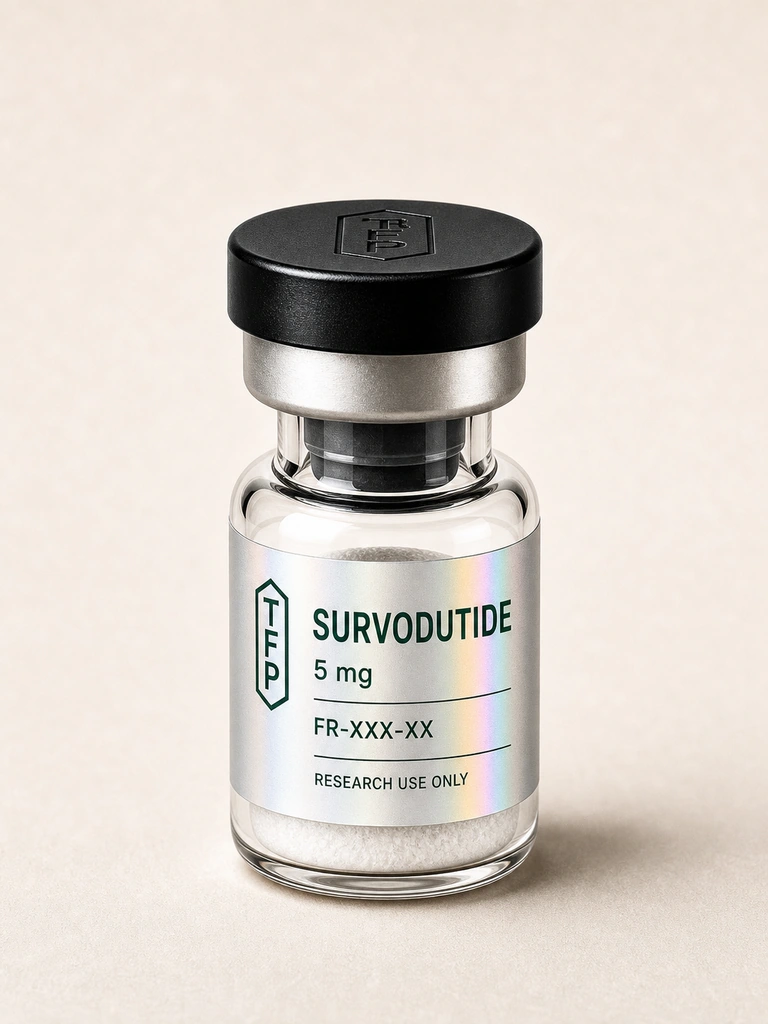 Survodutide, 5 mg en fiole 3 ml The French Peptides avec etiquette holographique argent, lot FR-XXX-XX