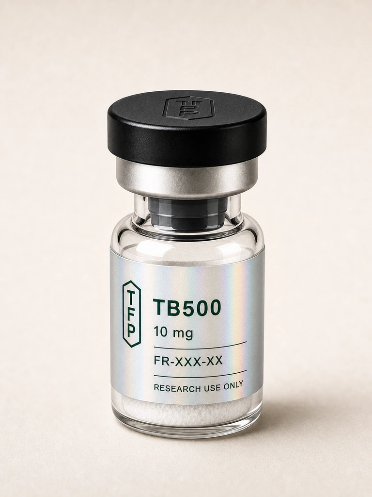 TB-500, 10 mg en fiole 3 ml The French Peptides avec etiquette holographique argent, lot FR-XXX-XX