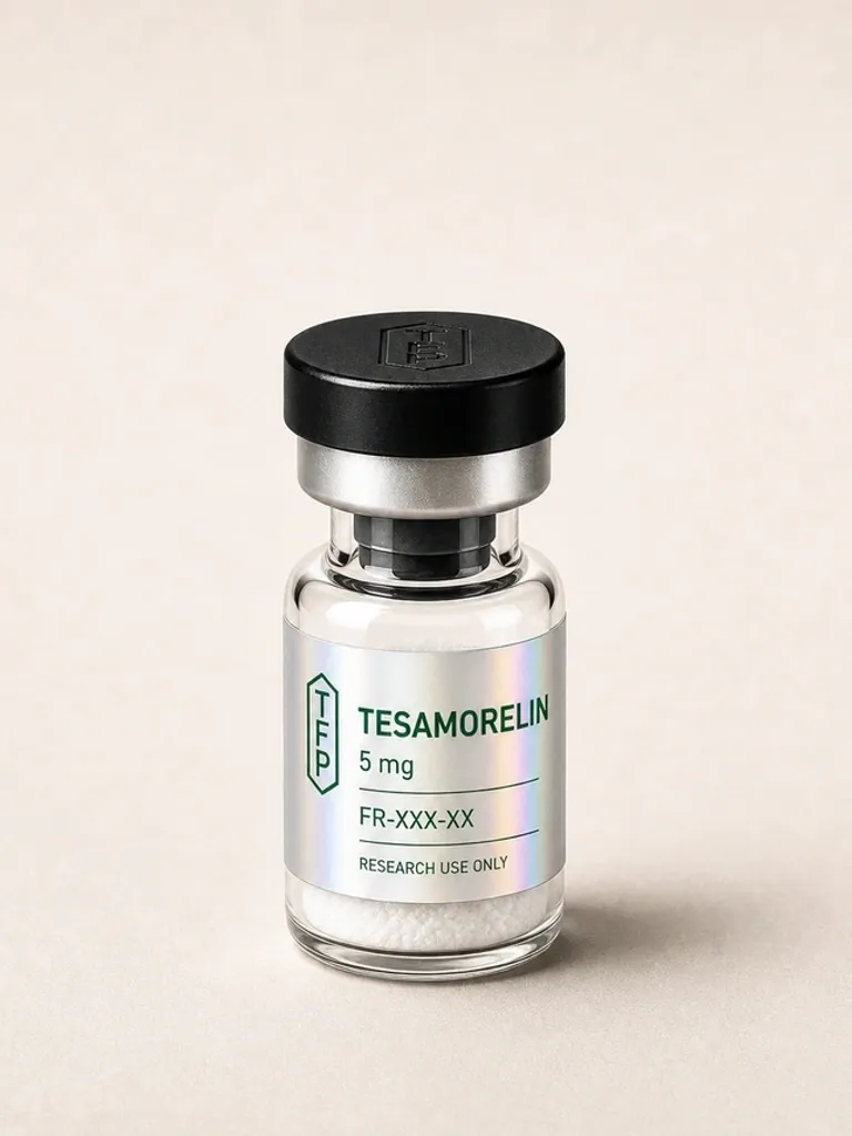 Tesamorelin, 5 mg en fiole 3 ml The French Peptides avec etiquette holographique argent, lot FR-XXX-XX