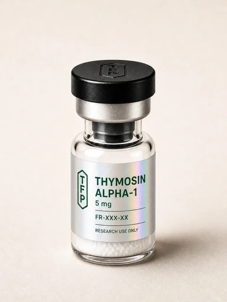 Thymosin Alpha-1, 5 mg en fiole 3 ml The French Peptides avec etiquette holographique argent, lot FR-XXX-XX